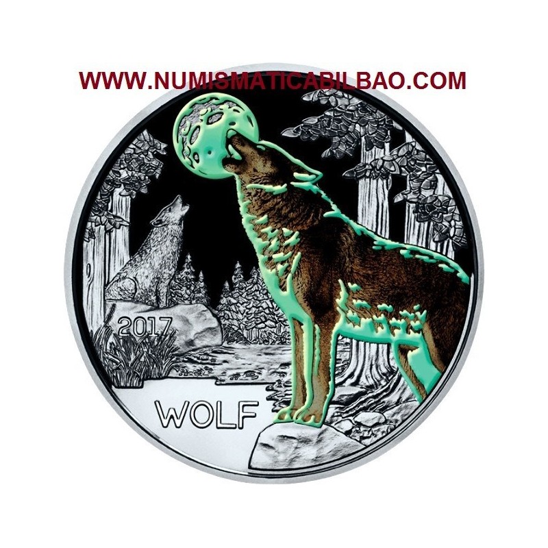 AUSTRIA 3 EUROS 2017 LOBO @ESCASA@ MONEDA DE NICKEL A COLORES SC @SE ILUMINA EN LA NOCHE@ Österreich WOLF