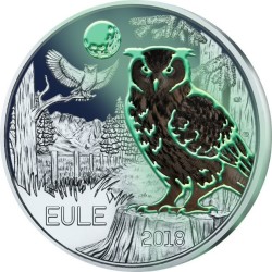 @RARA@ AUSTRIA 3 EUROS 2018 BUHO MONEDA DE NICKEL A COLORES SC @SE ILUMINA EN LA NOCHE@ Österreich EULE 3 Euro Coin