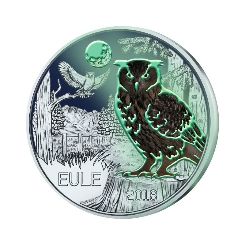 @RARA@ AUSTRIA 3 EUROS 2018 BUHO MONEDA DE NICKEL A COLORES SC @SE ILUMINA EN LA NOCHE@ Österreich EULE 3 Euro Coin