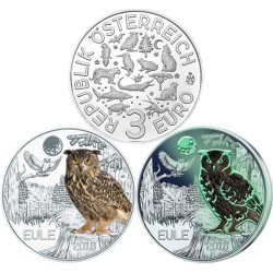@RARA@ AUSTRIA 3 EUROS 2018 BUHO MONEDA DE NICKEL A COLORES SC @SE ILUMINA EN LA NOCHE@ Österreich EULE 3 Euro Coin
