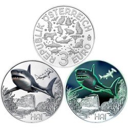 . AUSTRIA 3 EUROS 2018 TIBURON MONEDA DE NICKEL A COLORES SC @SE ILUMINA EN LA NOCHE@ Österreich HAI SHARK 3 Euro
