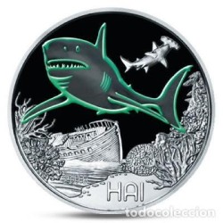 . AUSTRIA 3 EUROS 2018 TIBURON MONEDA DE NICKEL A COLORES SC @SE ILUMINA EN LA NOCHE@ Österreich HAI SHARK 3 Euro