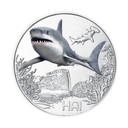 . AUSTRIA 3 EUROS 2018 TIBURON MONEDA DE NICKEL A COLORES SC @SE ILUMINA EN LA NOCHE@ Österreich HAI SHARK 3 Euro