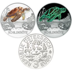 @RARA@ AUSTRIA 3 EUROS 2019 TORTUGA MONEDA DE NICKEL A COLORES SC @SE ILUMINA EN LA NOCHE@ Österreich 3€ Coin TURTLE