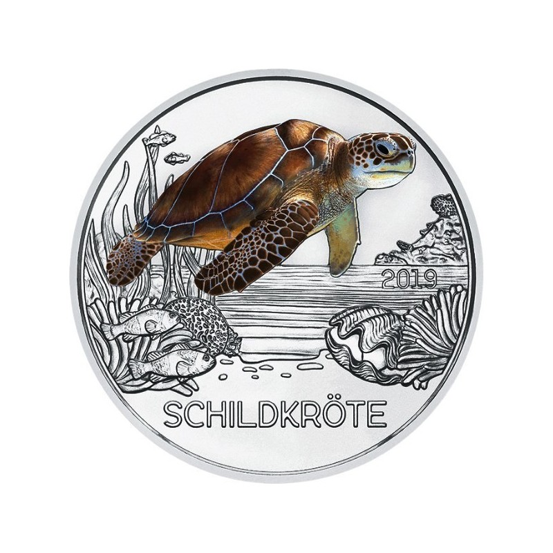 @RARA@ AUSTRIA 3 EUROS 2019 TORTUGA MONEDA DE NICKEL A COLORES SC @SE ILUMINA EN LA NOCHE@ Österreich 3€ Coin TURTLE