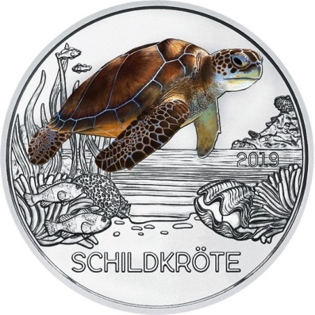 @RARA@ AUSTRIA 3 EUROS 2019 TORTUGA MONEDA DE NICKEL A COLORES SC @SE ILUMINA EN LA NOCHE@ Österreich 3€ Coin TURTLE