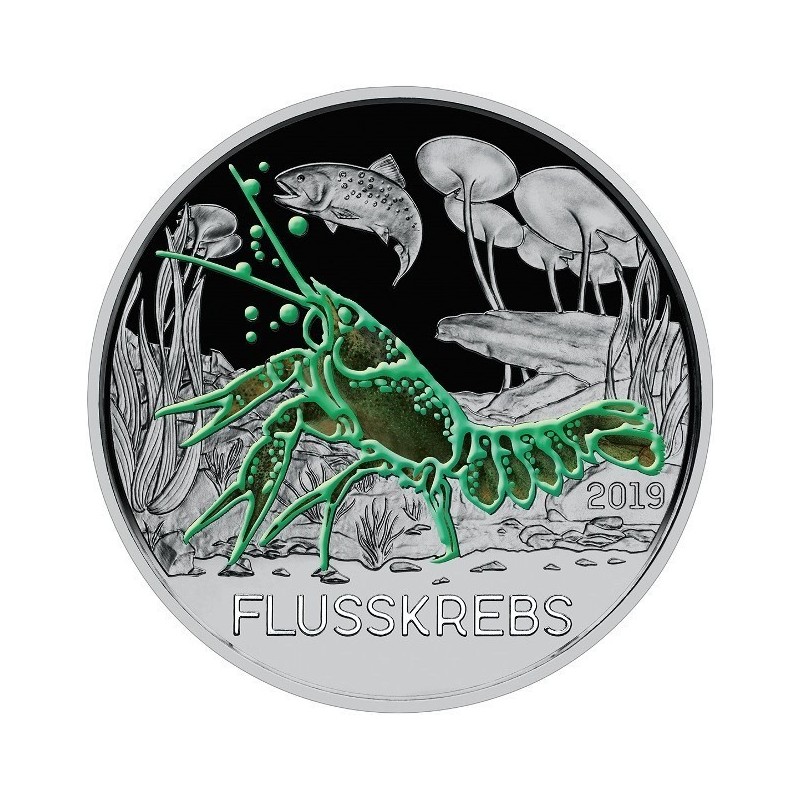 AUSTRIA 3 EUROS 2019 CANGREJO MONEDA DE NICKEL A COLORES SC @SE ILUMINA EN LA NOCHE@ Österreich FLUSSKREBS 3€ coin