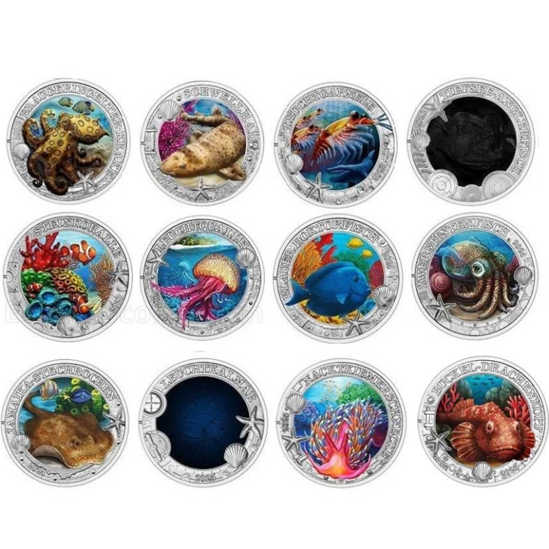 ** Lote 12 MONEDAS ** AUSTRIA 3 EUROS 2022 a 2025 Serie VIDA MARINA COLORES NICKEL SC Österreich