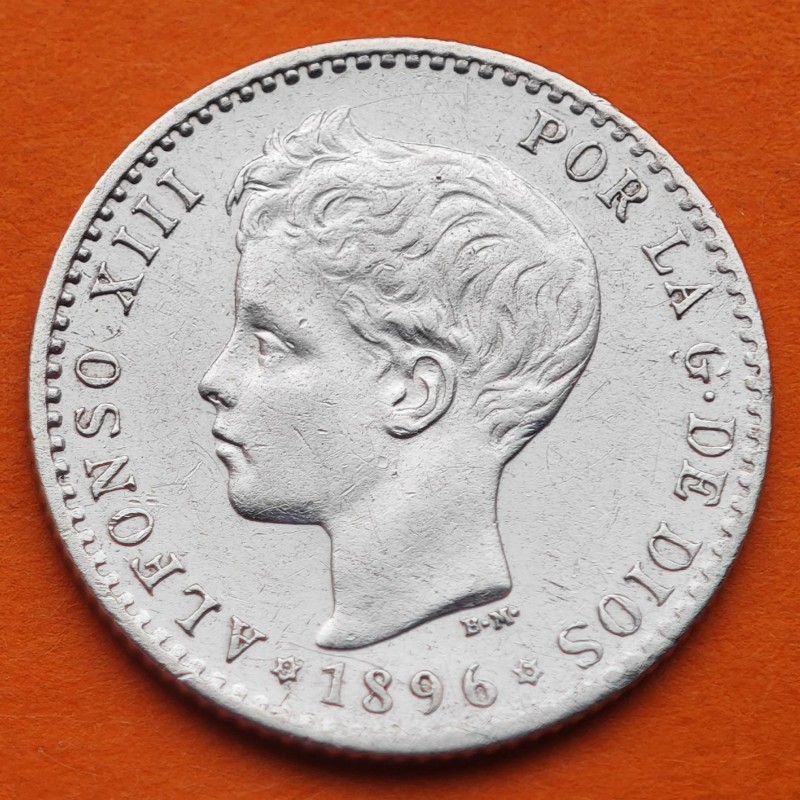 @RARA@ ESPAÑA Rey ALFONSO XIII 50 CENTIMOS 1896 * 9/6 PGV Tipo TUPE KM.705 MONEDA DE PLATA Spain silver R/1