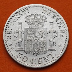 @RARA@ ESPAÑA Rey ALFONSO XIII 50 CENTIMOS 1896 * 9/6 PGV Tipo TUPE KM.705 MONEDA DE PLATA Spain silver R/1