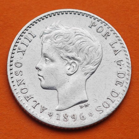 @RARA@ ESPAÑA Rey ALFONSO XIII 50 CENTIMOS 1896 * 9/6 PGV Tipo TUPE KM.705 MONEDA DE PLATA Spain silver R/1