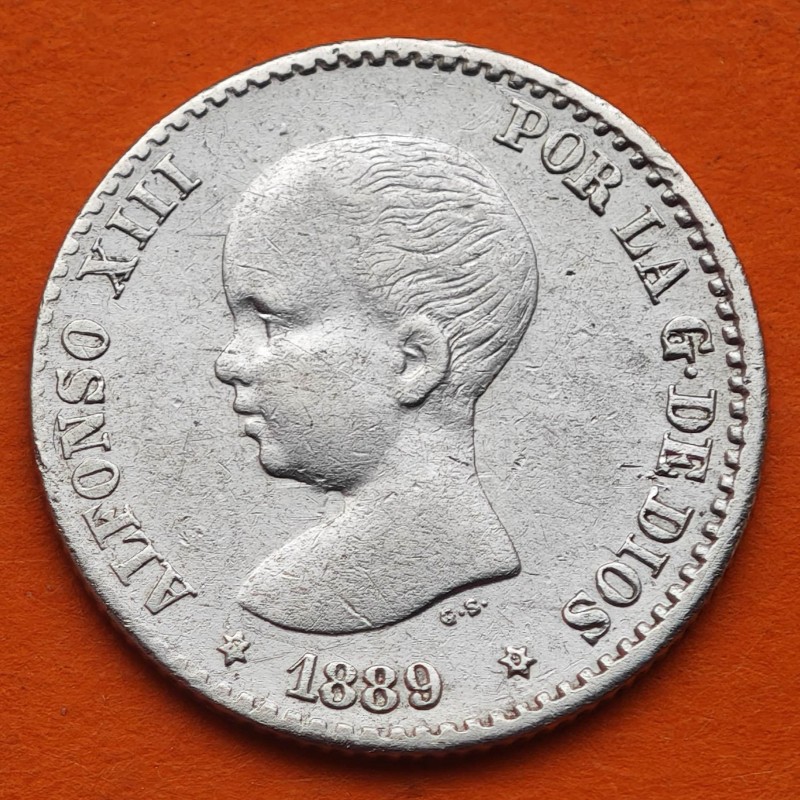 @ESCASA@ ESPAÑA Rey ALFONSO XIII 50 CENTIMOS 1889 * 8 9 MPM Tipo PELON KM.690 MONEDA DE PLATA Spain silver R/3