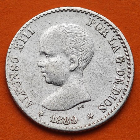 @ESCASA@ ESPAÑA Rey ALFONSO XIII 50 CENTIMOS 1889 * 8 9 MPM Tipo PELON KM.690 MONEDA DE PLATA Spain silver R/3