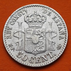 @ESCASA@ ESPAÑA Rey ALFONSO XIII 50 CENTIMOS 1889 * 8 9 MPM Tipo PELON KM.690 MONEDA DE PLATA Spain silver R/3