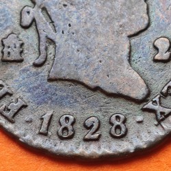 ESPAÑA Rey FERNANDO VII 2 MARAVEDIES 1828 Ceca de SEGOVIA KM.487.1 MONEDA DE COBRE MBC Spain 2 Maravedis R/3