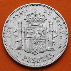 ESPAÑA Rey ALFONSO XII 2 PESETAS 1879 * 18 79 EMM REY y ESCUDO KM.678 MONEDA DE PLATA MBC- R/1