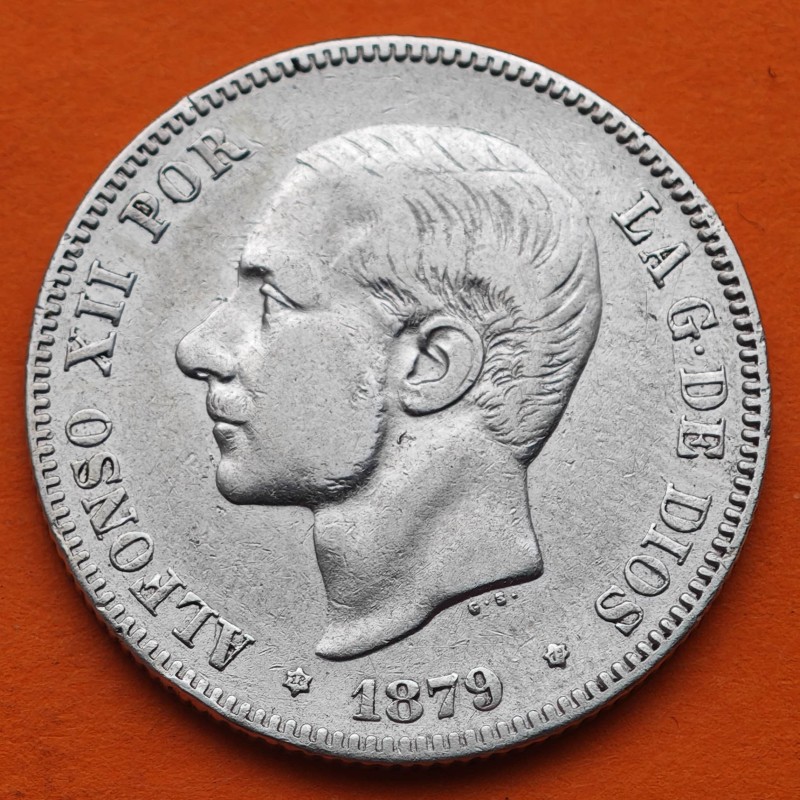 ESPAÑA Rey ALFONSO XII 2 PESETAS 1879 * 18 79 EMM REY y ESCUDO KM.678 MONEDA DE PLATA MBC- R/1
