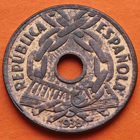 ESPAÑA 25 CENTIMOS 1938 LIBRO y CADENAS REPUBLICA ESPAÑOLA KM.757 MONEDA DE COBRE EBC Spain R/2