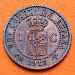 @PÁTINA@ ESPAÑA Rey ALFONSO XIII 1 CENTIMO 1913 * 3 PCV REY y ESCUDO KM.731 MONEDA DE BRONCE EBC- Spain R/2