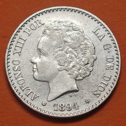 ESPAÑA Rey ALFONSO XIII 50 CENTIMOS 1894 * 9 4 MSM BUSTO Tipo RIZOS KM.703 MONEDA DE PLATA MBC++ R/3