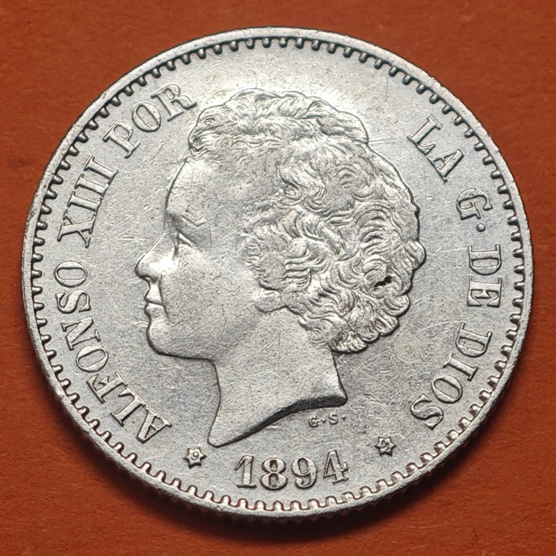 ESPAÑA Rey ALFONSO XIII 50 CENTIMOS 1894 * 9 4 MSM BUSTO Tipo RIZOS KM.703 MONEDA DE PLATA MBC++ R/3