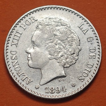 ESPAÑA Rey ALFONSO XIII 50 CENTIMOS 1894 * 9 4 MSM BUSTO Tipo RIZOS KM.703 MONEDA DE PLATA MBC++ R/3