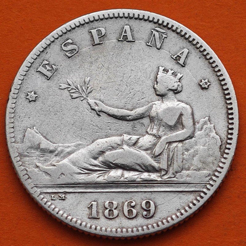 ESPAÑA Gobierno Provisional 2 PESETAS 1869 * 18 69 SNM DAMA KM.654 MONEDA DE PLATA MBC- Spain silver coin R/5
