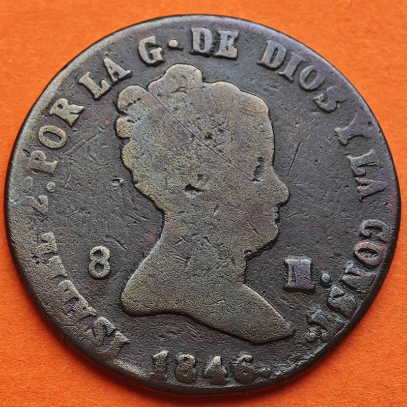 ESPAÑA Reina ISABEL II 8 MARAVEDIES 1846 Ceca de SEGOVIA KM.531.3 MONEDA DE COBRE Spain 8 Maravedis R/3