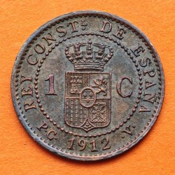 ESPAÑA Rey ALFONSO XIII 1 CENTIMO 1912 * 2 PCV REY y ESCUDO KM.731 MONEDA DE BRONCE MBC+ Spain R/1