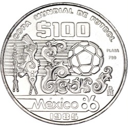 MEXICO 100 PESOS 1985 COPA MUNDIAL DE FUTBOL BALON y ARTE AZTECA KM.499 MONEDA DE PLATA SC Mejico silver 1 ONZA Ley 720