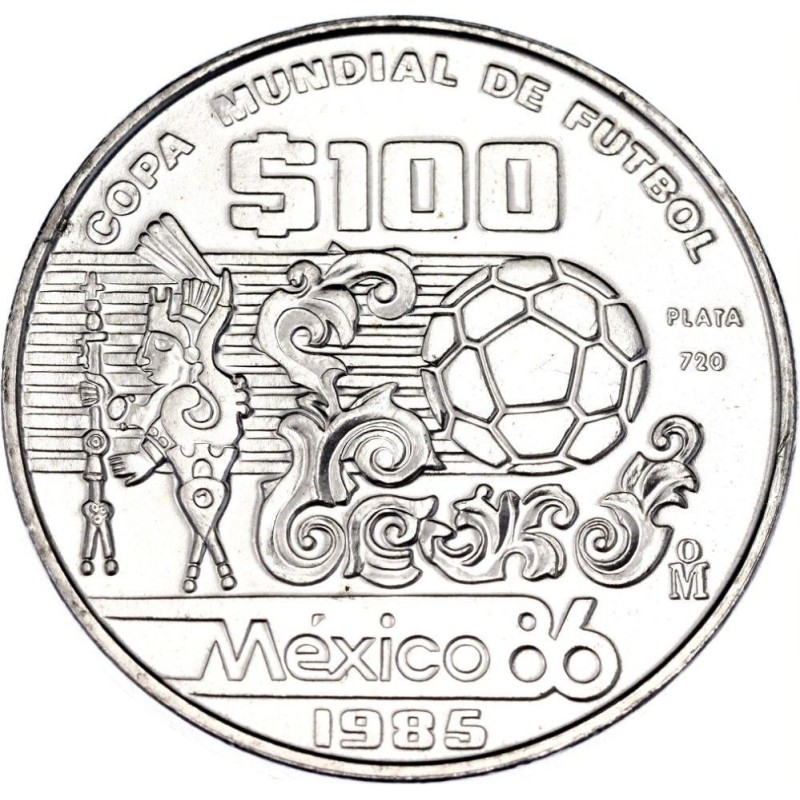 MEXICO 100 PESOS 1985 COPA MUNDIAL DE FUTBOL BALON y ARTE AZTECA KM.499 MONEDA DE PLATA SC Mejico silver 1 ONZA Ley 720