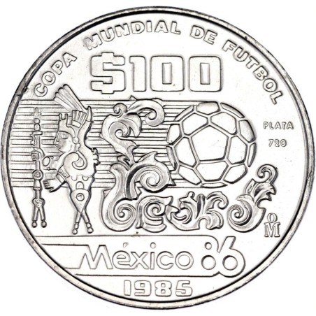 MEXICO 100 PESOS 1985 COPA MUNDIAL DE FUTBOL BALON y ARTE AZTECA KM.499 MONEDA DE PLATA SC Mejico silver 1 ONZA Ley 720