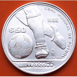 MEXICO 50 PESOS 1985 FIFA MUNDIAL DE FUTBOL 1986 DRIBBLING KM.498 MONEDA DE PLATA SC- silver 1/2 ONZA OZ Ley 720