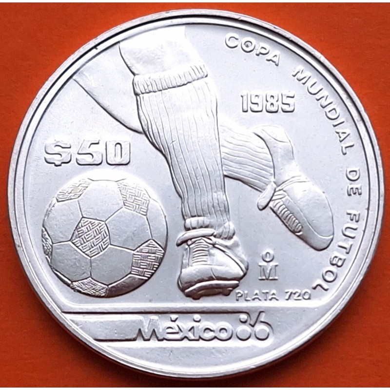MEXICO 50 PESOS 1985 FIFA MUNDIAL DE FUTBOL 1986 DRIBBLING KM.498 MONEDA DE PLATA SC- silver 1/2 ONZA OZ Ley 720