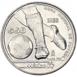 MEXICO 50 PESOS 1985 FIFA MUNDIAL DE FUTBOL 1986 DRIBBLING KM.498 MONEDA DE PLATA SC- silver 1/2 ONZA OZ Ley 720