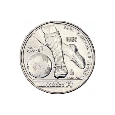 MEXICO 50 PESOS 1985 FIFA MUNDIAL DE FUTBOL 1986 DRIBBLING KM.498 MONEDA DE PLATA SC- silver 1/2 ONZA OZ Ley 720