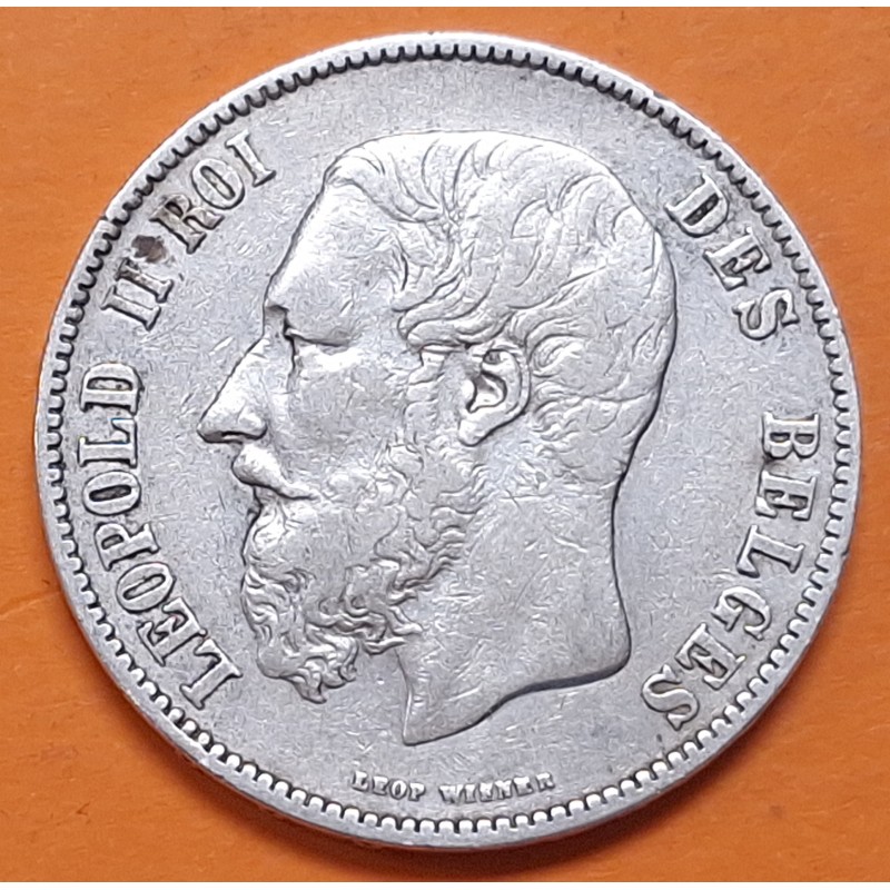 BELGICA 5 FRANCOS 1873 Rey LEOPOLDO II DES BELGES KM.24 MONEDA DE PLATA MBC- Belgium silver 5 Francs