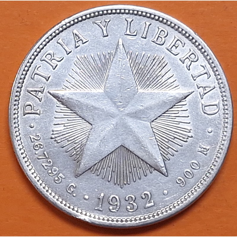 CUBA 1 PESO 1932 ESTRELLA PATRIA y LIBERTAD KM.15 MONEDA DE PLATA MBC + LIMPIADA Caribe silver coin R/4