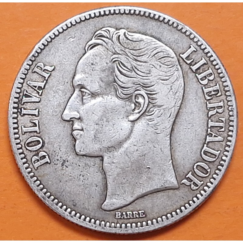 @BELLA PÁTINA@ VENEZUELA 5 BOLIVARES 1936 LIBERTADOR SIMON BOLIVAR KM.24.2 MONEDA DE PLATA MBC- R/3