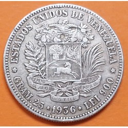 @BELLA PÁTINA@ VENEZUELA 5 BOLIVARES 1936 LIBERTADOR SIMON BOLIVAR KM.24.2 MONEDA DE PLATA MBC- R/3