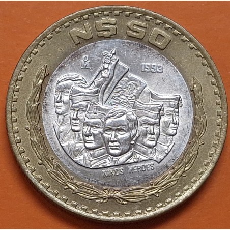 MEXICO 50 PESOS 1993 NIÑOS HEROES KM.571 MONEDA BIMETALICA DE PLATA y LATON MBC++ 1/2 Onza MEJICO R/3