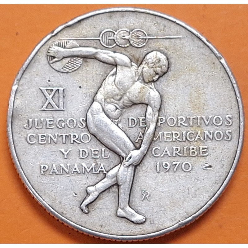 . 1,06 ONZAS de PLATA PURA x PANAMA 5 BALBOAS 1970 DISCOBOLO XI JUEGOS CENTROAMERICANOS KM.28 MONEDA MUY CIRCULADA