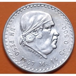 MEXICO 1 PESO 1947 JOSE MORELOS tipo "CACHETÓN" KM.456 MONEDA DE PLATA EBC @ESCASA@ Estados Unidos Mexicanos