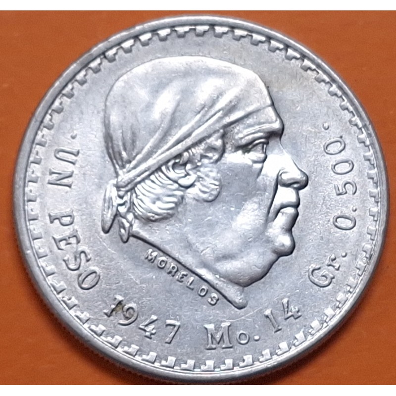 MEXICO 1 PESO 1947 JOSE MORELOS tipo "CACHETÓN" KM.456 MONEDA DE PLATA EBC @ESCASA@ Estados Unidos Mexicanos