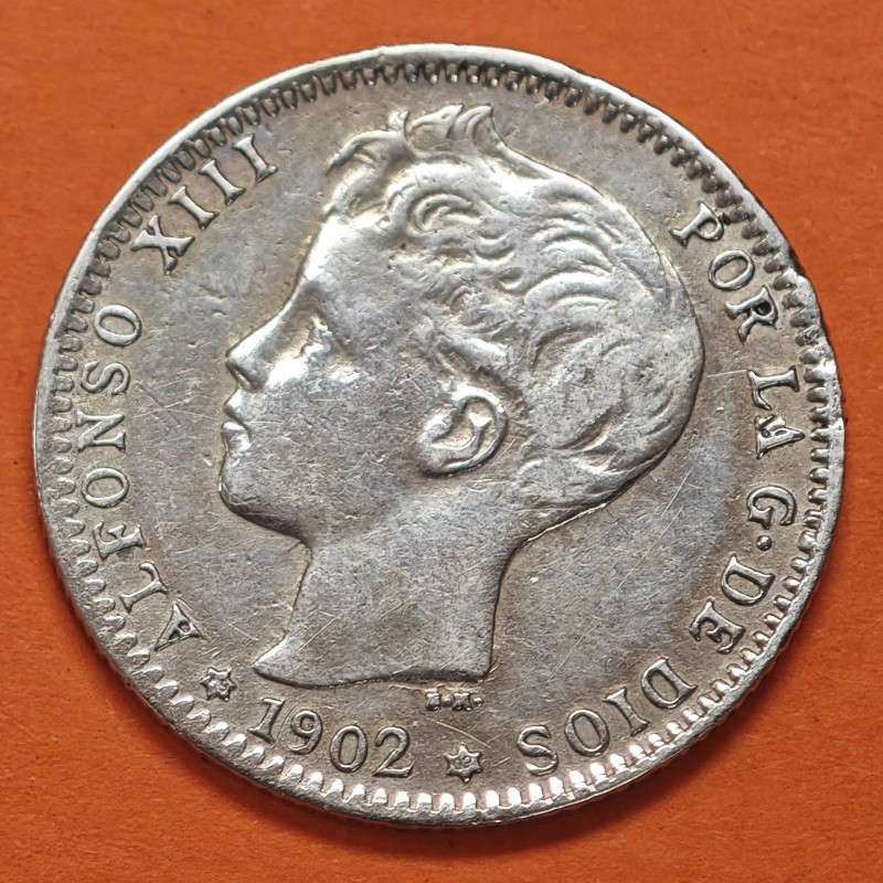 ESPAÑA Rey ALFONSO XIII 1 PESETA 1902 * 19 02 SMV tipo TUPÉ KM.706 MONEDA DE PLATA MBC- Spain silver R/3