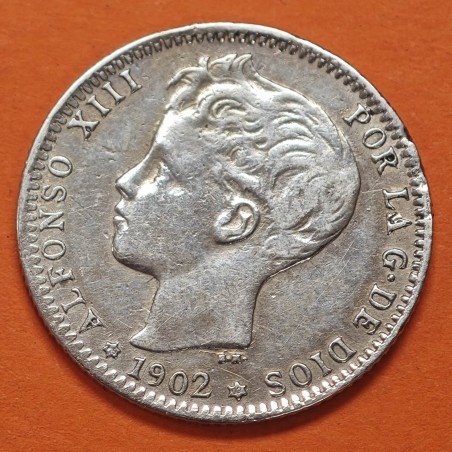 ESPAÑA Rey ALFONSO XIII 1 PESETA 1902 * 19 02 SMV tipo TUPÉ KM.706 MONEDA DE PLATA MBC- Spain silver R/3