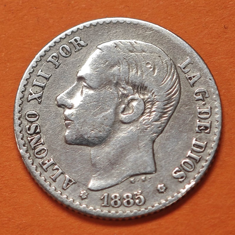 @ESCASA@ ESPAÑA Rey ALFONSO XII 50 CENTIMOS 1885 * 8/6 MSM REY y ESCUDO KM.685 MONEDA DE PLATA MBC- Spain R/4