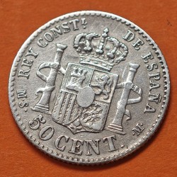 @ESCASA@ ESPAÑA Rey ALFONSO XII 50 CENTIMOS 1885 * 8/6 MSM REY y ESCUDO KM.685 MONEDA DE PLATA MBC- Spain R/4