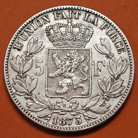 BELGICA 5 FRANCOS 1873 Rey LEOPOLDO II DES BELGES KM.24 MONEDA DE PLATA MBC- Belgium silver 5 Francs