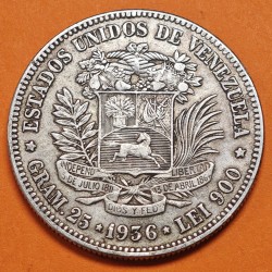 @BELLA PÁTINA@ VENEZUELA 5 BOLIVARES 1936 LIBERTADOR SIMON BOLIVAR KM.24.2 MONEDA DE PLATA MBC- R/3